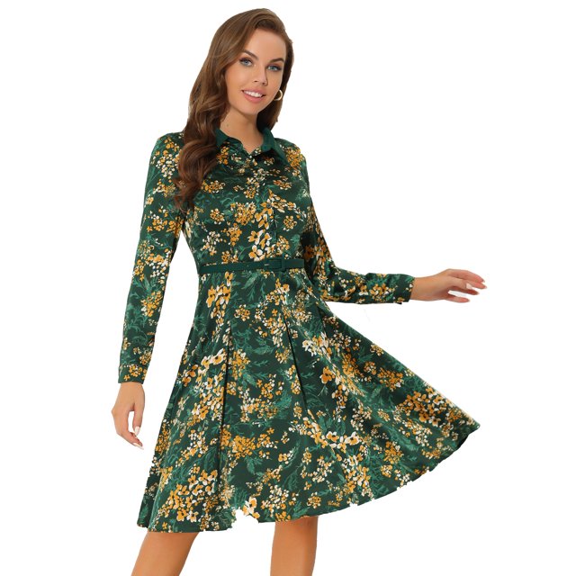 Vestido hasta la rodilla de manga larga con cinturón y cuello en contraste floral para mujer Verde L