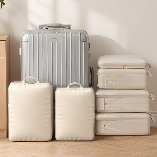 Saco de compresión para ropa Gran organizador impermeable – Almacenamiento portátil en el compartimento de equipaje, poliéster beige, ahorro de espacio, embalaje de viaje duradero, resistente a