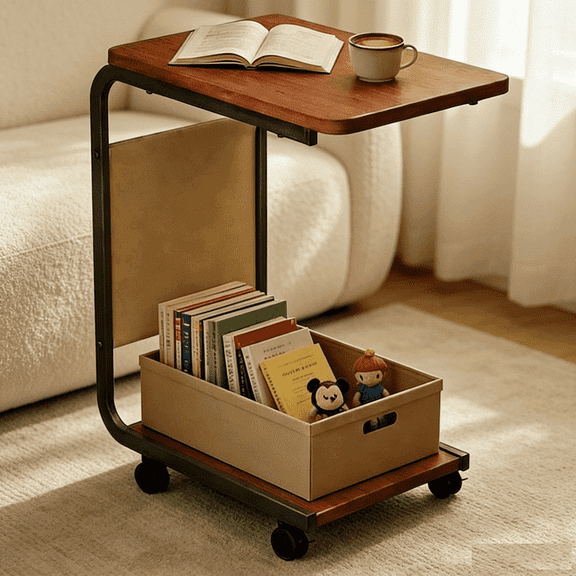 C-Shaped End Table with Wheels and Double-Layer Storage, Rolling Sofa Side Table for Couch, Bed, Bathroom, Study, Sturdy Metal Frame, 360 Rotatable Wheels, Space-Saving Snack Table
