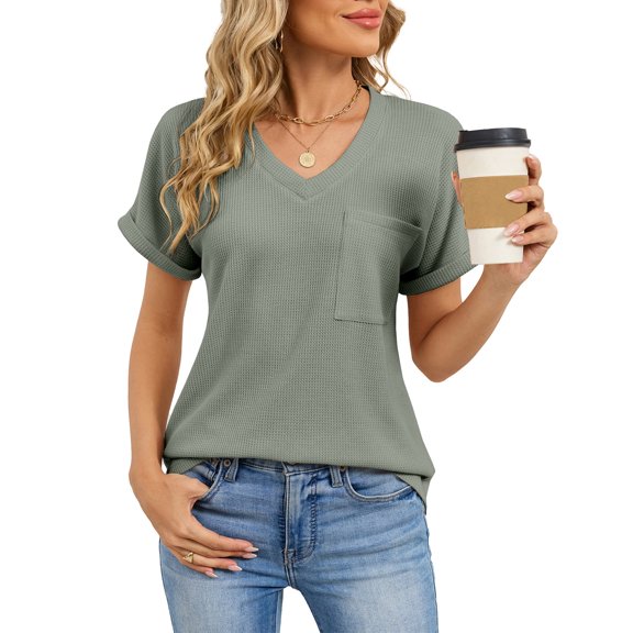 LWavelet Womens Plus Size V Neck Short Sleeve Top Waffle Knit Pocket Summer Trendy Comfortable Daily Casual Versatile Blouse Green S