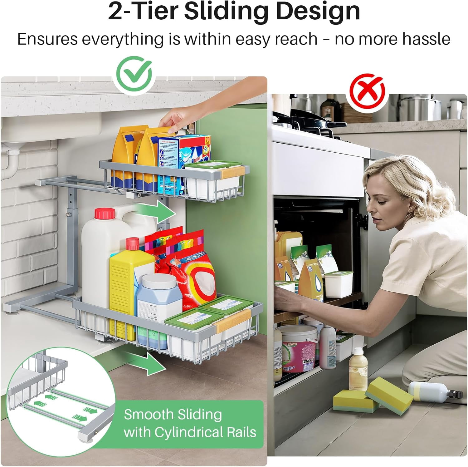Under Sink Organizer, 2 Packs 2 Tier Under Sink Organizers and Storage, Slide out Pull out Cabinet Organizer Shelf, Metal Sliding Drawer for Kitchen Bathroom Pantry Cabinet Closet Organization Rack
