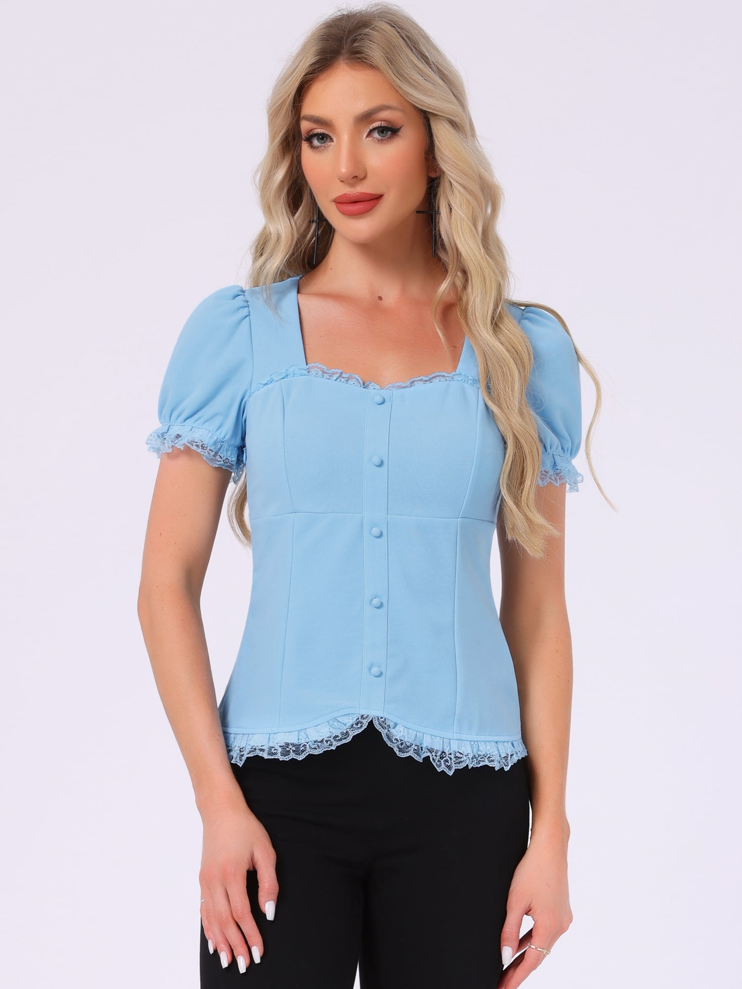 DARING DIVA Sweetheart Neck Puff Sleeve Lace-up Blouse M Sky Blue