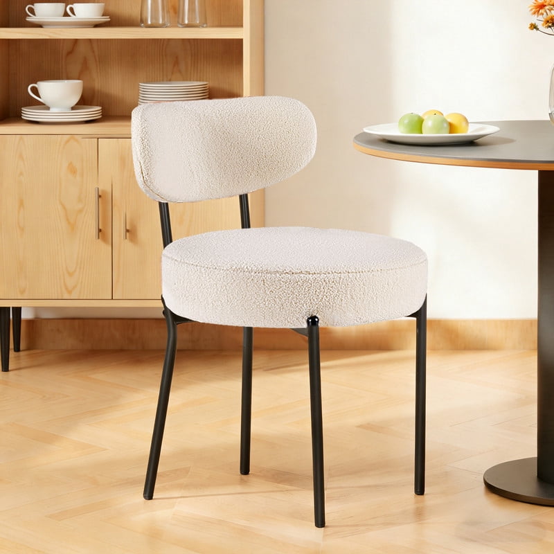 Gianna Dining Chairs Set of 2, Mid Century Modern Chair Round Upholstered Curved Backrest, Kitchen Vanity Living Room Chairs with Black Metal Legs，Beige