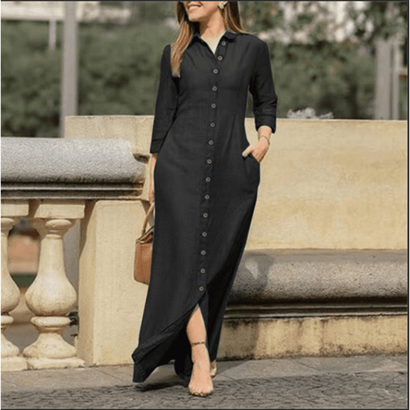 Womens Casual Button Down Denim Maxi Dress Lapel Long Sleeve Long Jean Dresses with Pockets