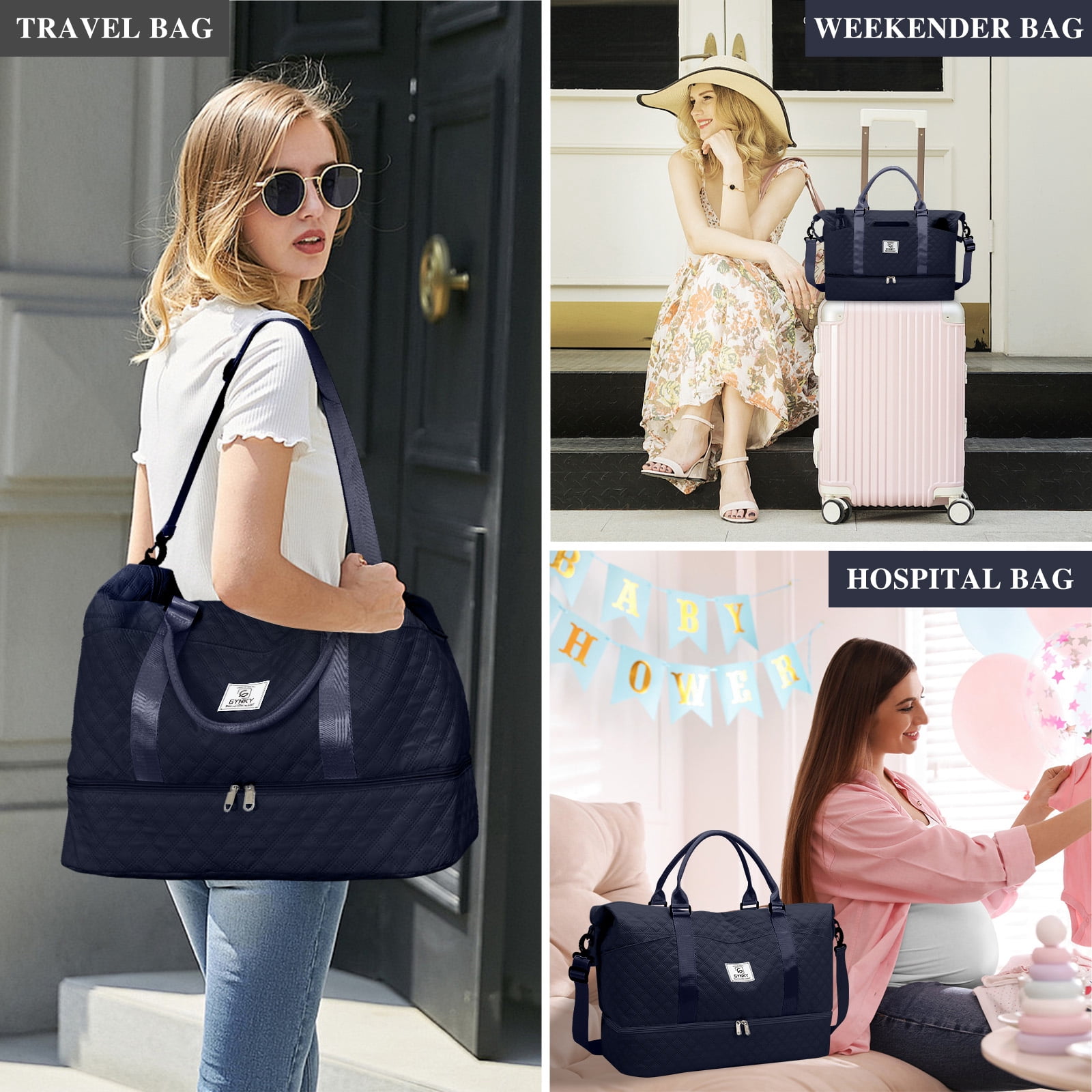 Gynky Travel Duffle Bag Weekender Bags for Women with Shoe Compartment Carry on Overnight Bag Gym Duffel Bag with Wet Pocket Hospital Bags for Labor and Delivery