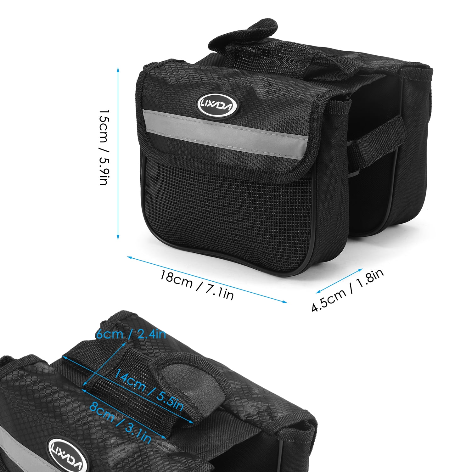 Bicycle Top Tube Bag Mountain Bike Front Frame Double Pannier Cycling Pack 7.1 inches / 18 cm Water-Resistant Polyester Storage Pouch for Mini Tools
