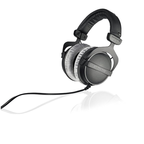 beyerdynamic DT 770 PRO 250 ohm, closed-back over-ear wired studio headphones, 3m coiled cable, black with gray velour ear pads