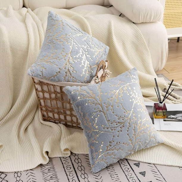Juego de 2 fundas de almohada mullidas de piel sintética gris con ramas doradas, cojines con estampado de purpurina, fundas de cojines cuadradas brillantes y peludas decorativas suaves para