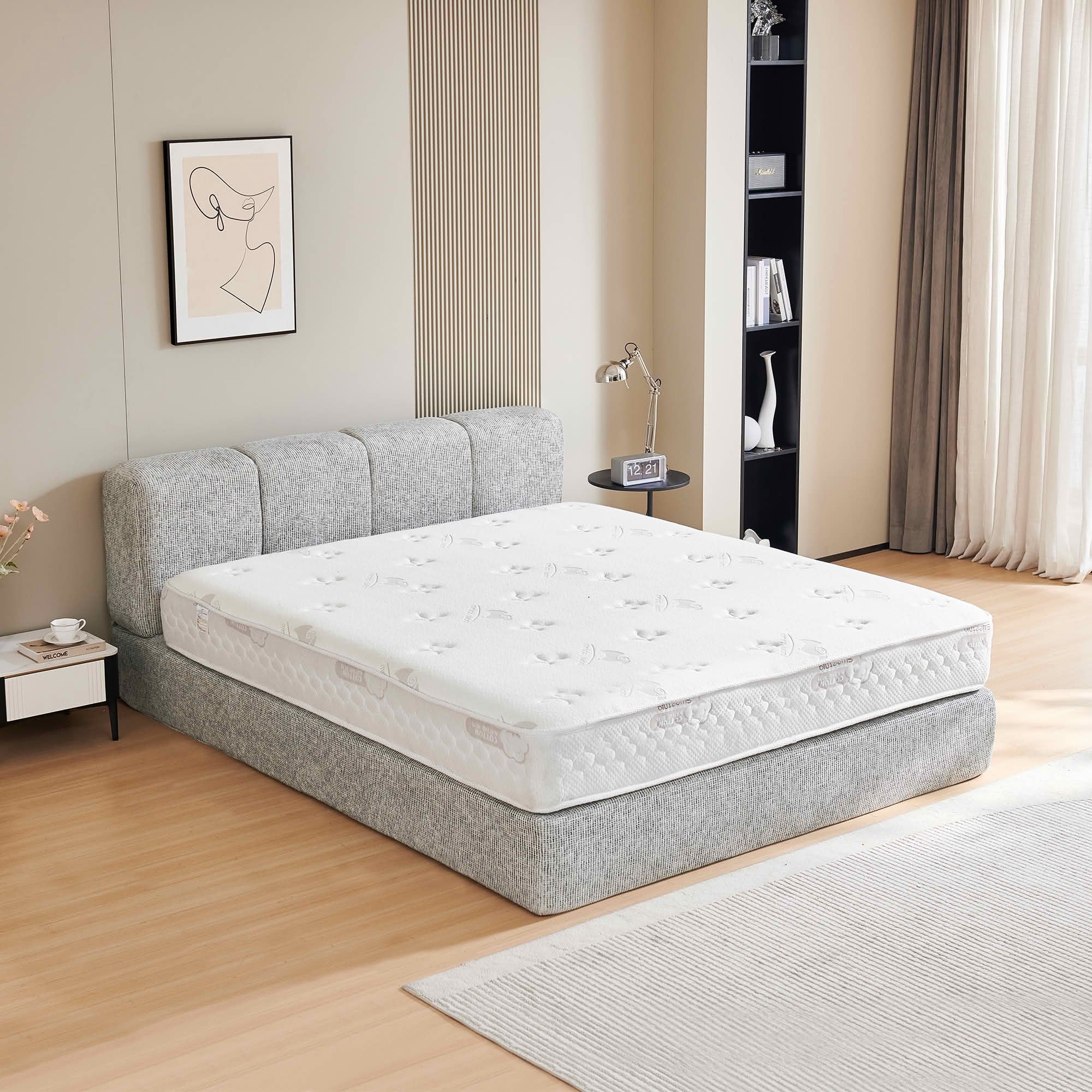 MAYEERTY Cloud Rest Cotton-Linen Blend Compressed Bed Queen Size Mattress Foundation with Headboard,Universal Fit, Hybrid Support Tool-Free Assembly