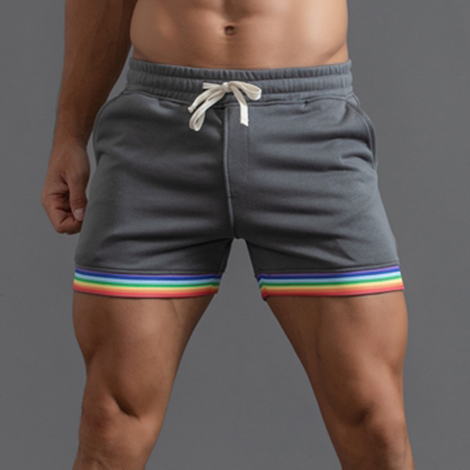 CHANGMOO Male Summer Solid Color Rainbow Pants Pocket Drawstring Loose Casual Sports Running Straight Shorts Beach Pants