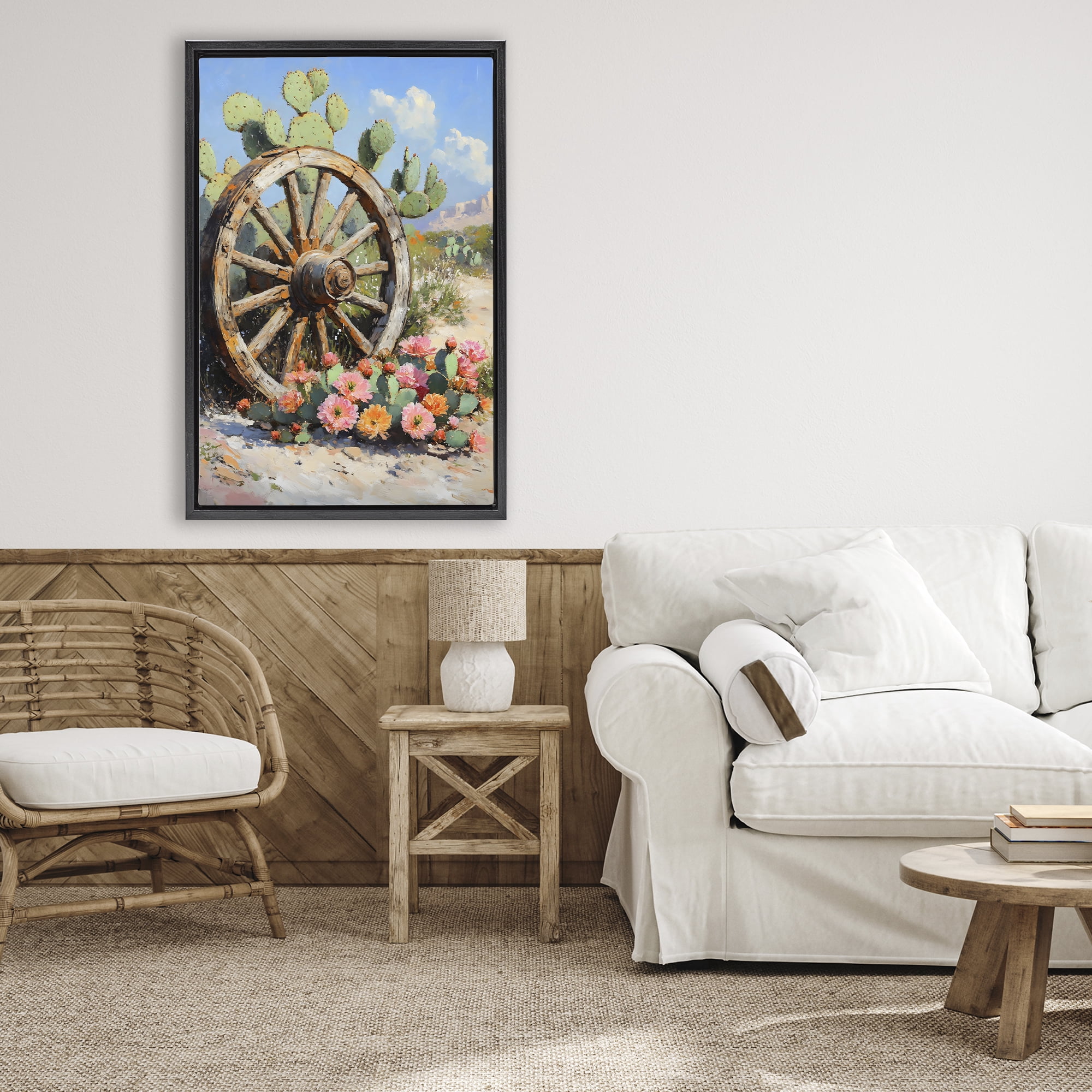 Stupell Industries Wagon Wheel Among Cactus Black Framed Floater Canvas Wall Art, design by Franklyn Gregory