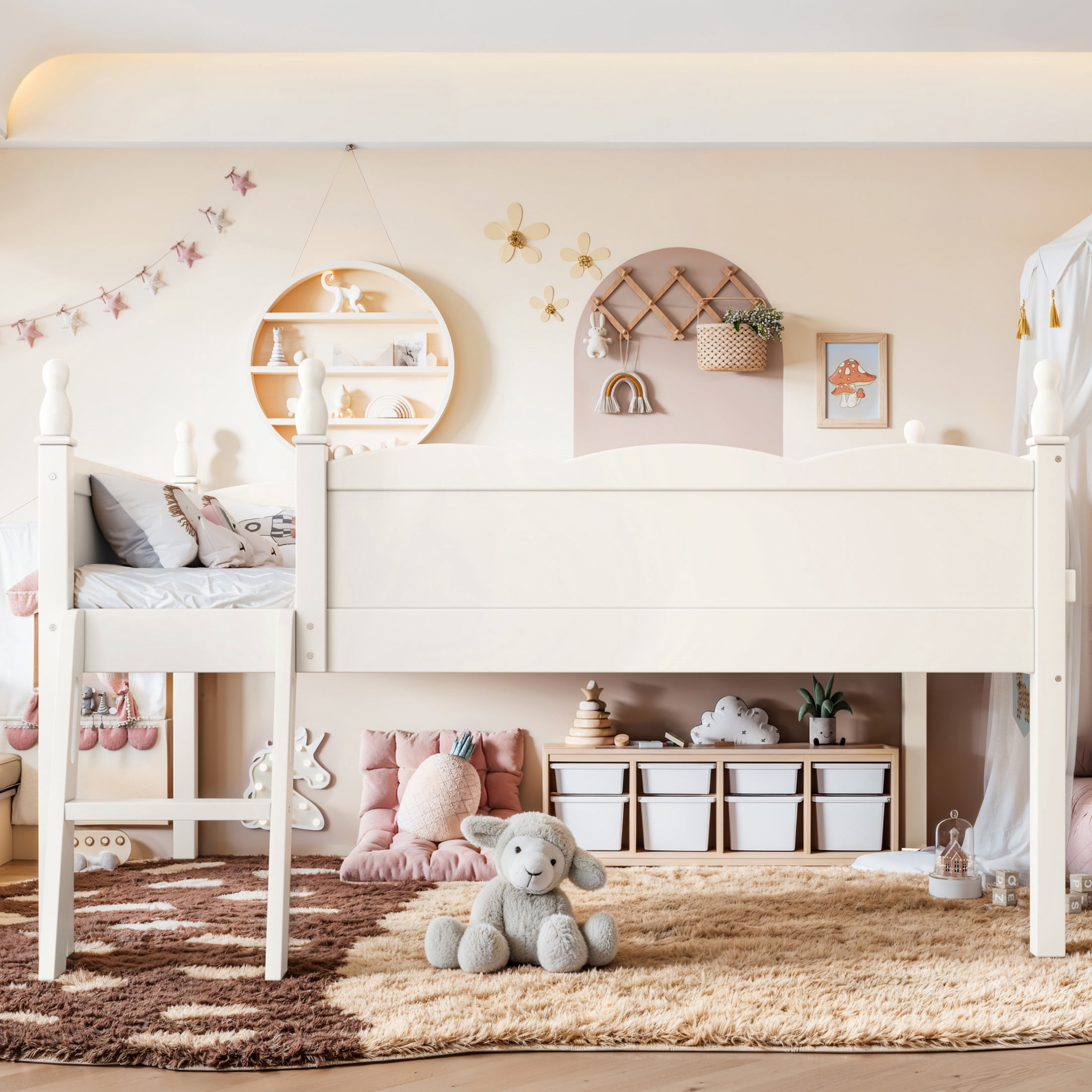 GDF Studio Full Size Low Loft Bed with Guardrails, Ladder & Side Bookshelf, Chic Design, Beige