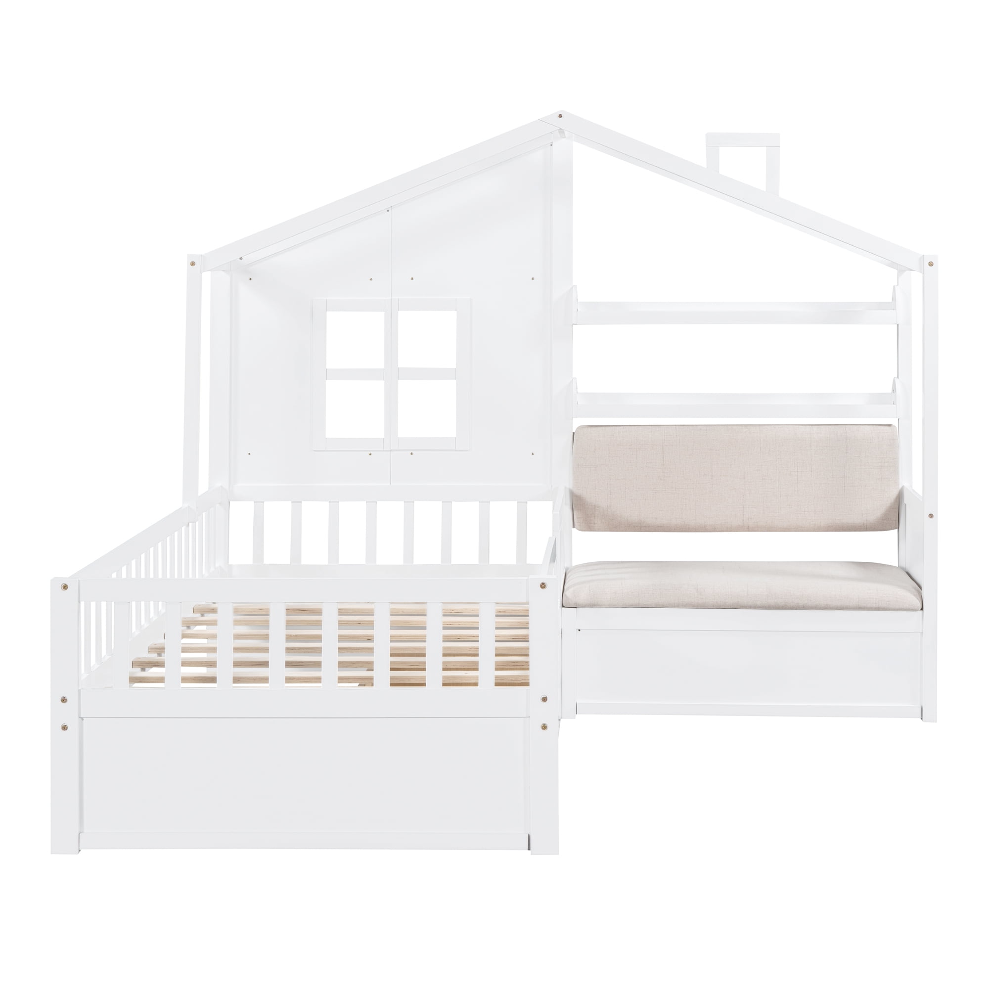 Harper & Bright Designs Twin Size House Bed with Sofa, Platform Bed with Two Drawers and Storage Shelf, White
