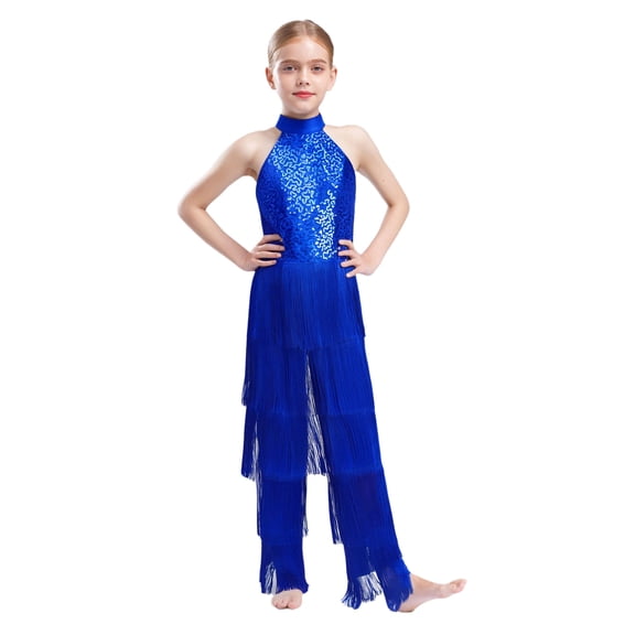Haitryli Kids Girls Sequin Layered Tassel Pants Jumpsuit Sleeveless Ballroom Rumba Samba Latin Dance Fringe Outfit Blue 6