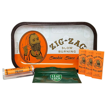 Bundle - 6 Items - Zig Zag Rolling Tray, Zig Zag Orange 1 1/4 Rolling Papers (3 Packs), Zig Zag Cigarette Maker and Leaf Lock Gear Smell Proof Tobacco