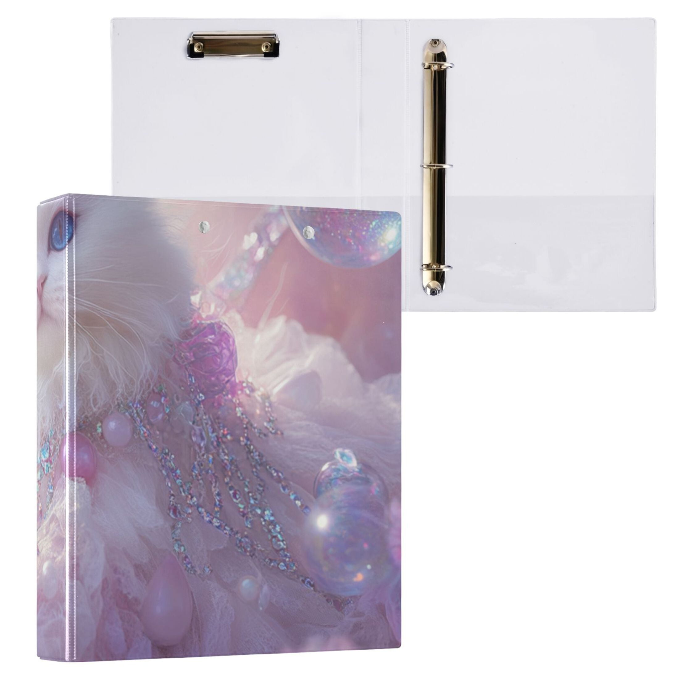 White Cat Bubbles 3 Ring Binders 1.5 inch Hardcover File Folders with Interior Pockets A4 Size Organizer for School Office Hospital