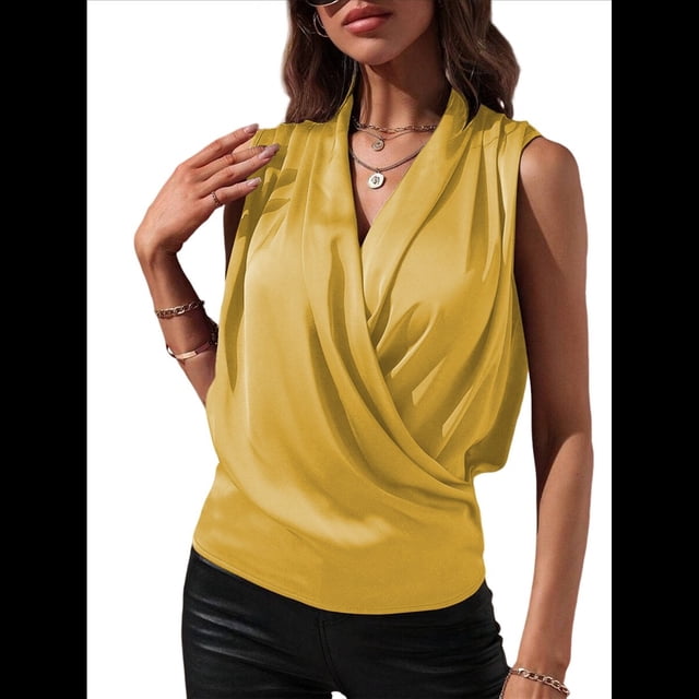 Blusa Elegante de Satén Cruzada con Cuello en V y Sin Mangas para Mujer Amarillo XL