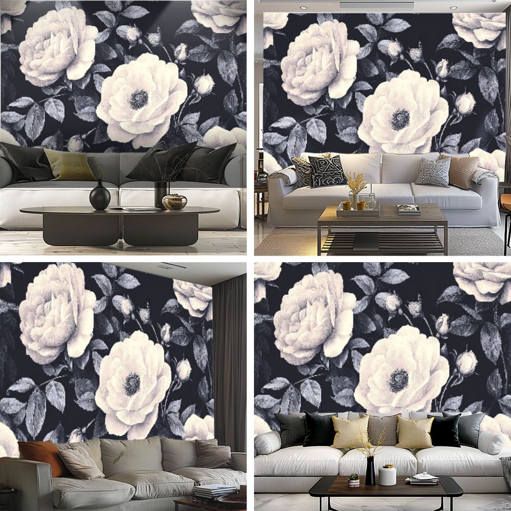 Peel and Stick Wallpaper Floral Dark Vintage White Peony Flower Roses Leaves Flowers Buds Modern Art Wall Mural Decor Self Adhesive and Removable 69in x 98in