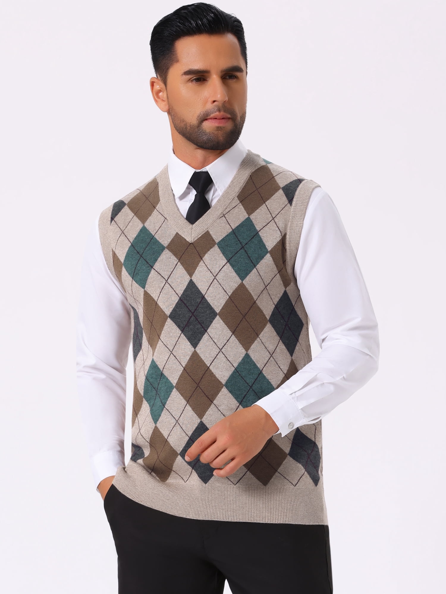 DARING DIVA Men's Casual Knit Sleeveless V-Neck Plaid Argyle Sweater Vest L Light Brown