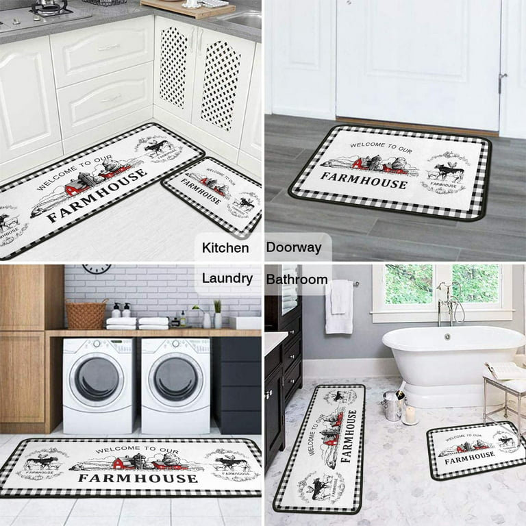 Dcohluk Farmhouse Buffalo Plaid Rooster Kitchen Rugs Decor 2 Pieces Set  Black and White Kitchen Mat Washable Runner Rug 17 x 47 + 17 x 30 