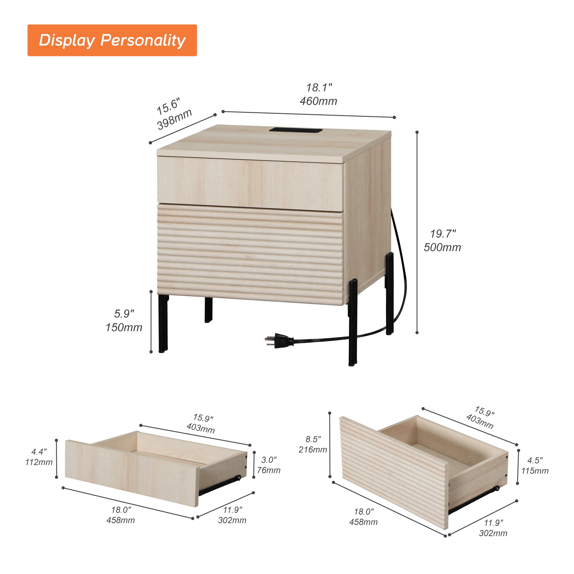 Modern Minimalist Nightstand With 2 Drawers,Reeded Wood End Table With Built-In Charging Station For Bedroom, Living Room,Entryway