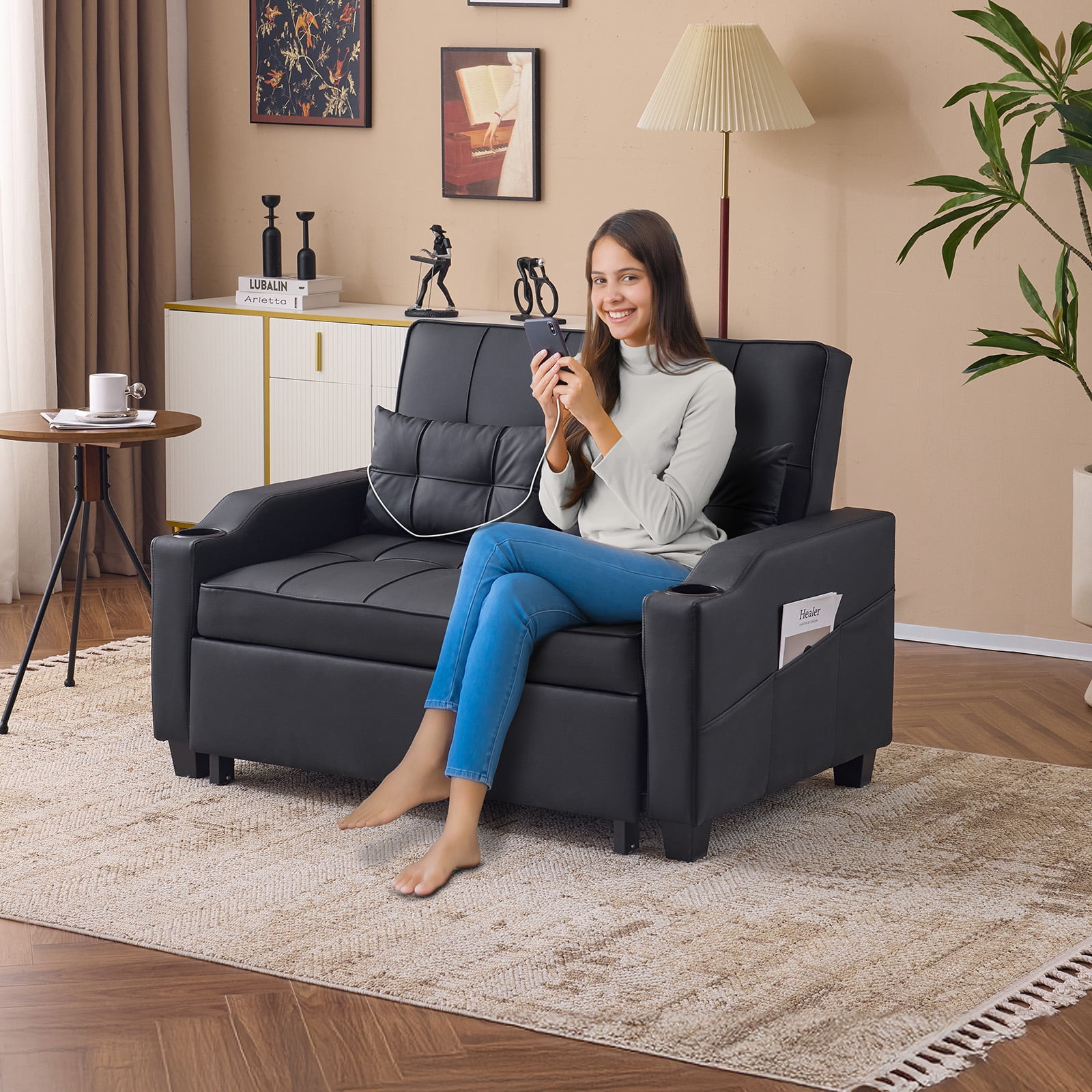 Ktaxon Faux Leather Loveseat Sofa Bed with Side Pockets, Adjustable Backrest Lounge for Living Room, Game Room Black