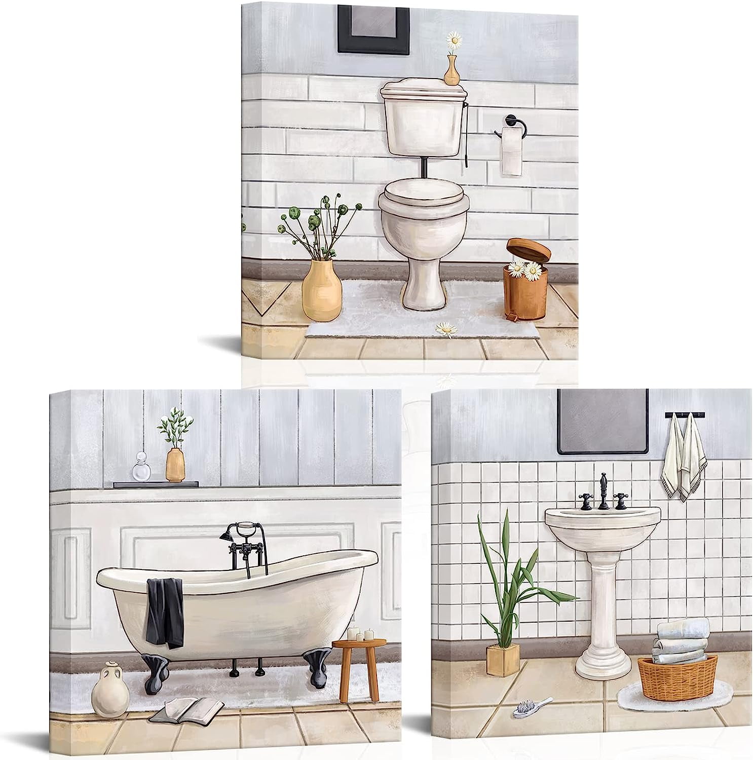 Bathroom Wall Art Bath Tub Painting Picture Bathroom Wall Decor Framed Ready to Hang 12x12inchx3 ...