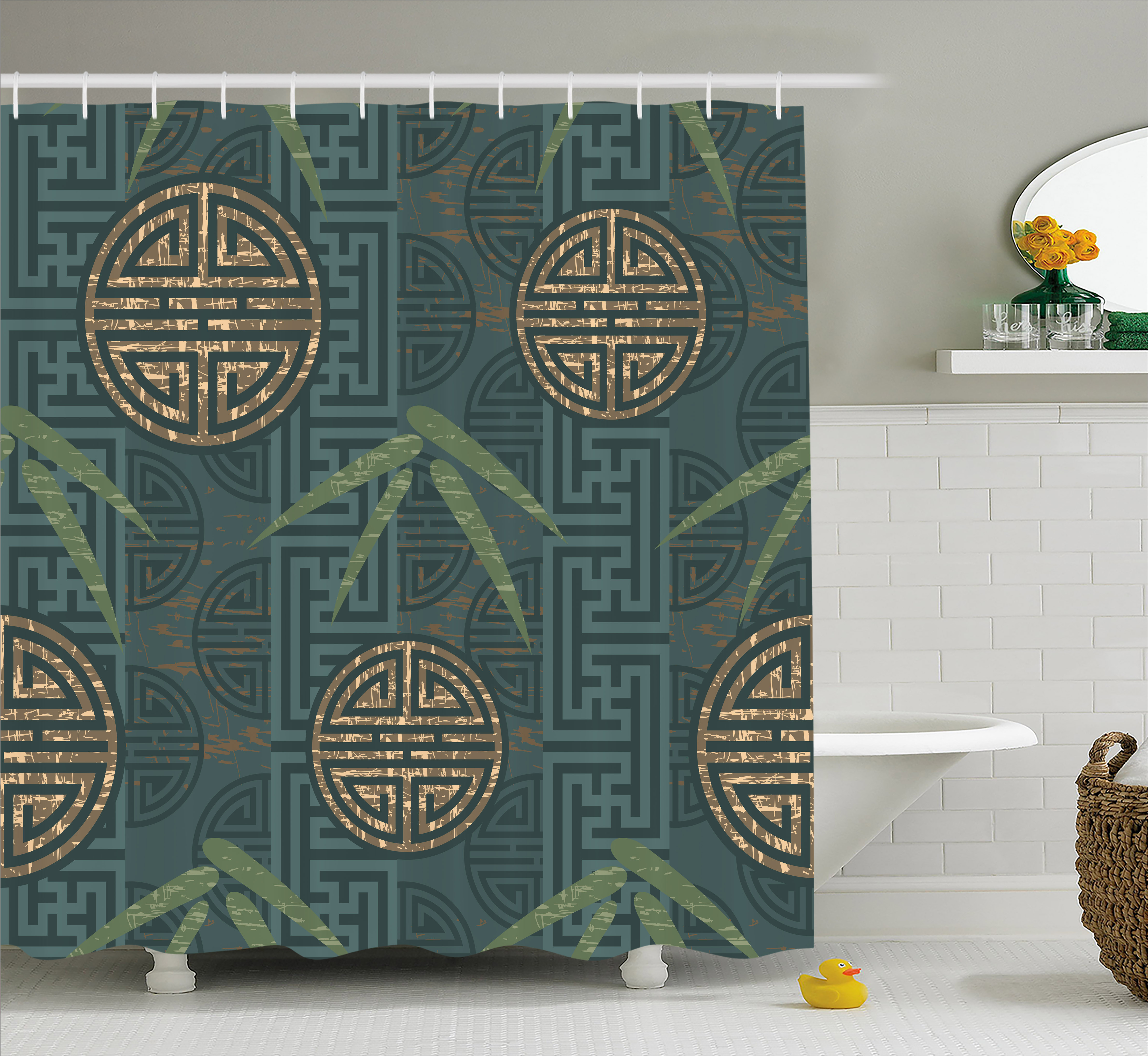 Bamboo Shower Curtain, Authentic Asian Style Composition with Oriental