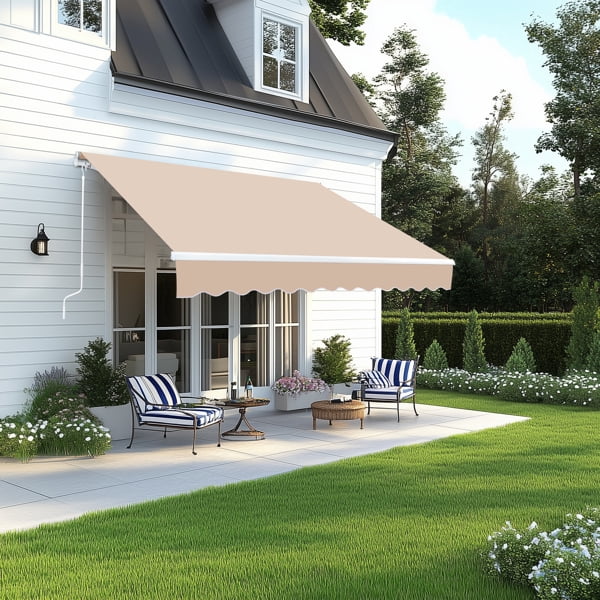 10x8FT Retractable Patio Awning – Khaki Polyester Canopy, Adjustable Slope 40°-90°, Steel-Aluminum Frame – for Decks, Patios & Commercial Shading