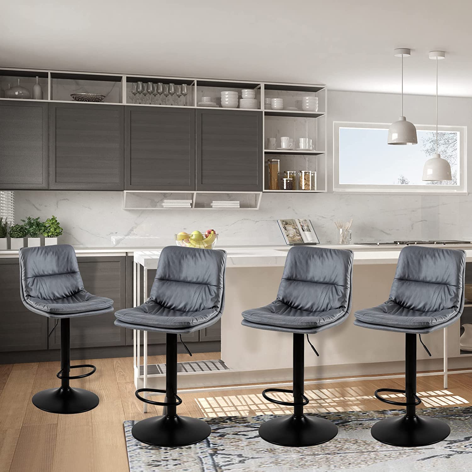 Leejay Faux Leather Adjustable Bar Stool Set of 4,Swivel Bar Chair for