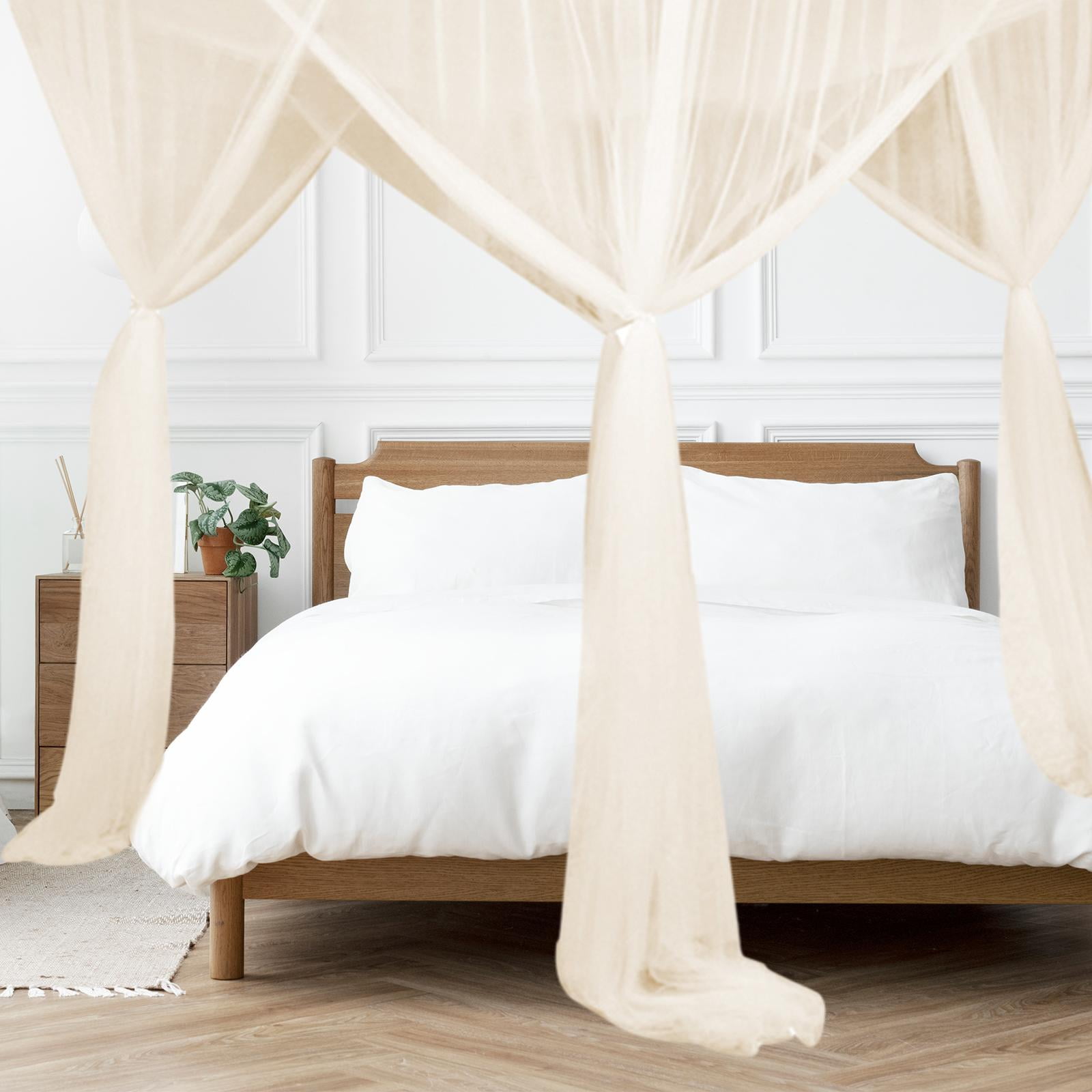perfk 4 Corner Post Canopy Bed Curtain Bed Drape Hanging Bed Valance Netting for Women Beige