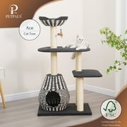 PetPals 49H 4-Lvl Cat Tree with Handwoven Condo and Nest Bed, Sisal Scratching Posts, Black/white