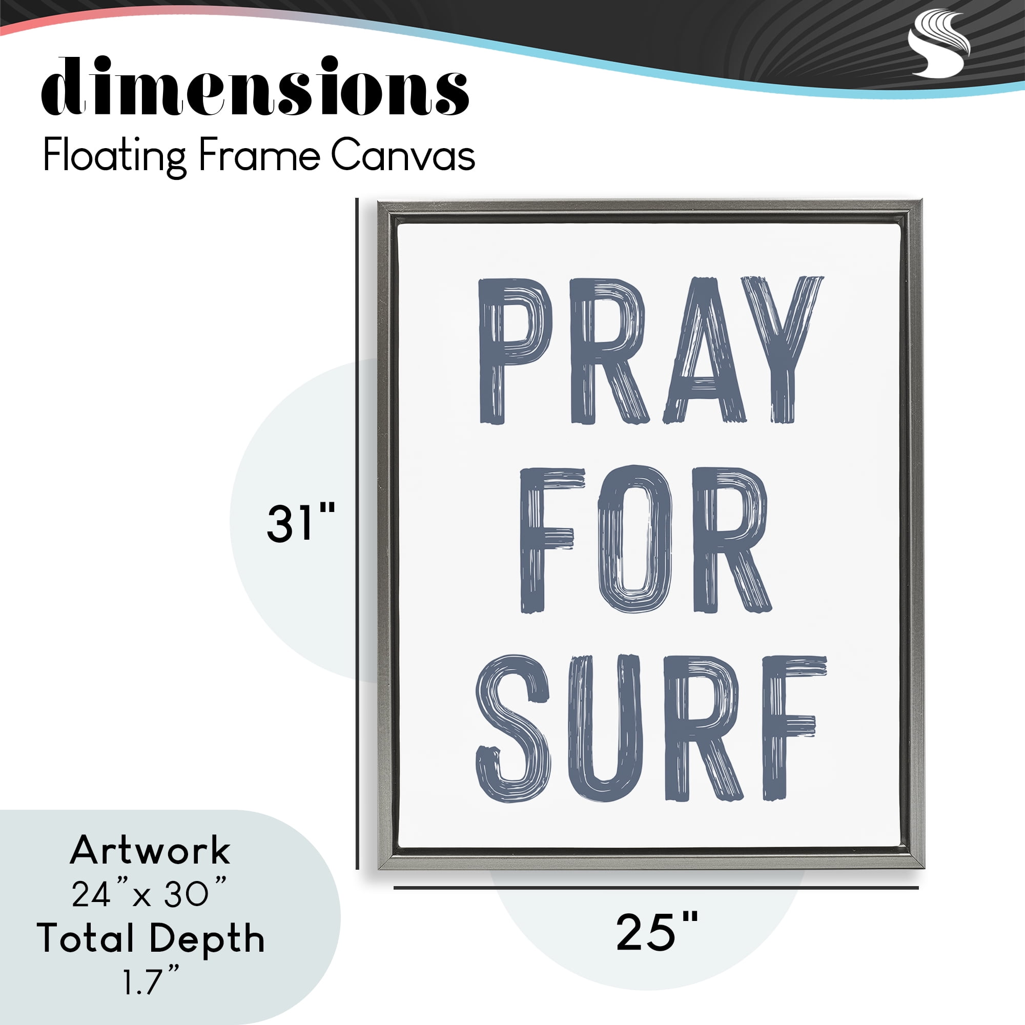 Summer Sentiment Pray For Surf Gray Framed Floater Canvas Wall Art, design by Lettered and Lined