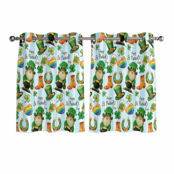 Saint Patrick's Day Kitchen Curtains Window Panels, Gnomes Hat Boot Clovers Blue Stripes Insulated Window Treatment Curtain, Grommet Curtains for Bedroom/Living Room/Bathroom, 2 Piece 52"Wx45"L