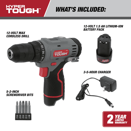 HYPER TOUGH 12V MAX LITHIUM-ION CORDLESS 3/8-INCH DRILL DRIVER WITH 1.5AH BATTERY, 99303