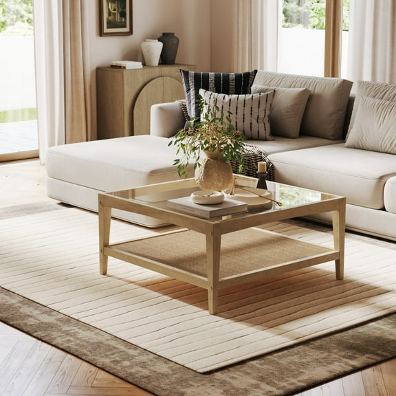 Nathan James Hayes Glass Top Coffee Table, Solid Wood Coffee Table with Glass Top and Rattan Bottom Shelf, Light Brown