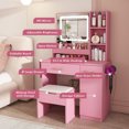 thumbnail image 3 of CQSXDA Functional Vanity Desk with Built-In LED Mirror Lights, 3 Drawers and Power Outlet, Perfect Makeup Table for Women，Pink, 3 of 15