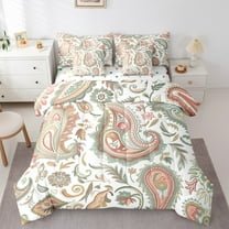 Manfei Paisley Flower 7 Pieces Bedding Comforter Set,Boho Theme Full Bedding Set,Orange Green White Fitted Sheet Flat Sheet For Adults,Microfiber Bedroom Decor Reversible