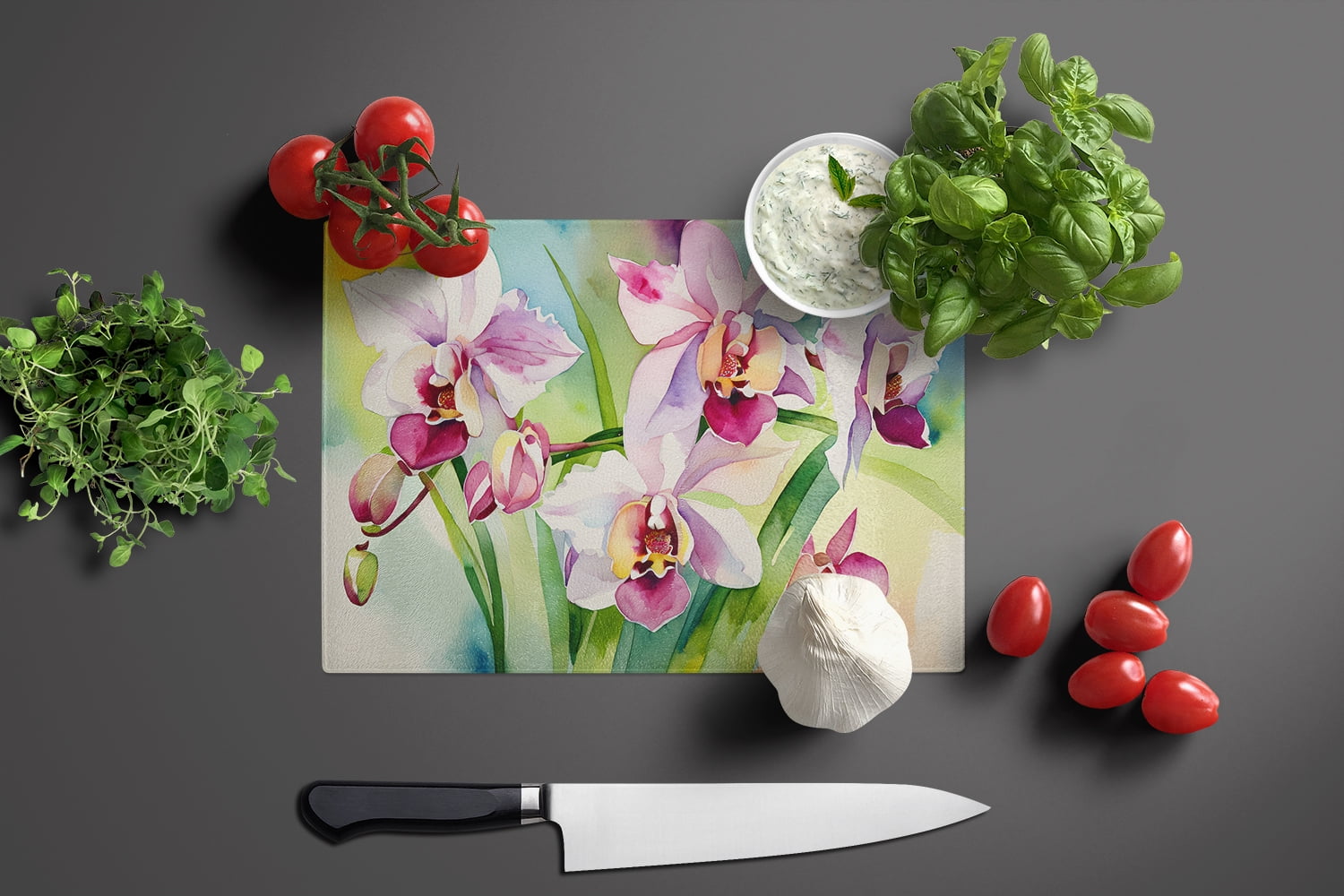 Orchids in Watercolor Glass Cutting Board Large 12 in x 15 in