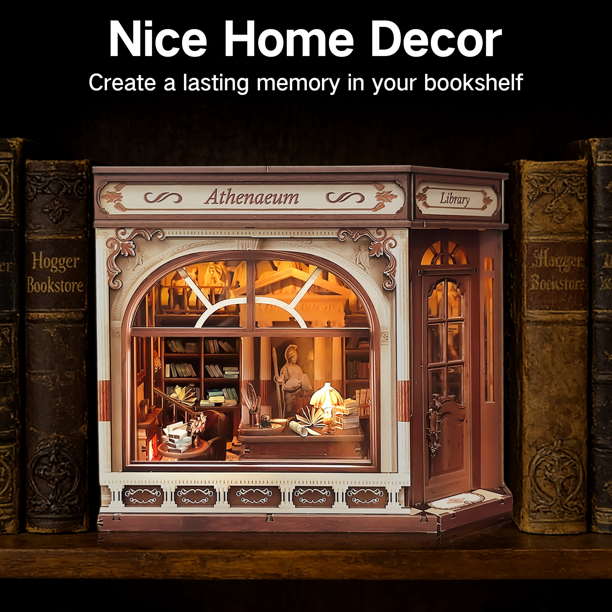 BELEEV Book Nook Kit,DIY Miniature Wooden Booknook with LED Lights,Openable Door 3D Puzzle,Bookshelf Decor Gift for Adults Teens - Athena's Library