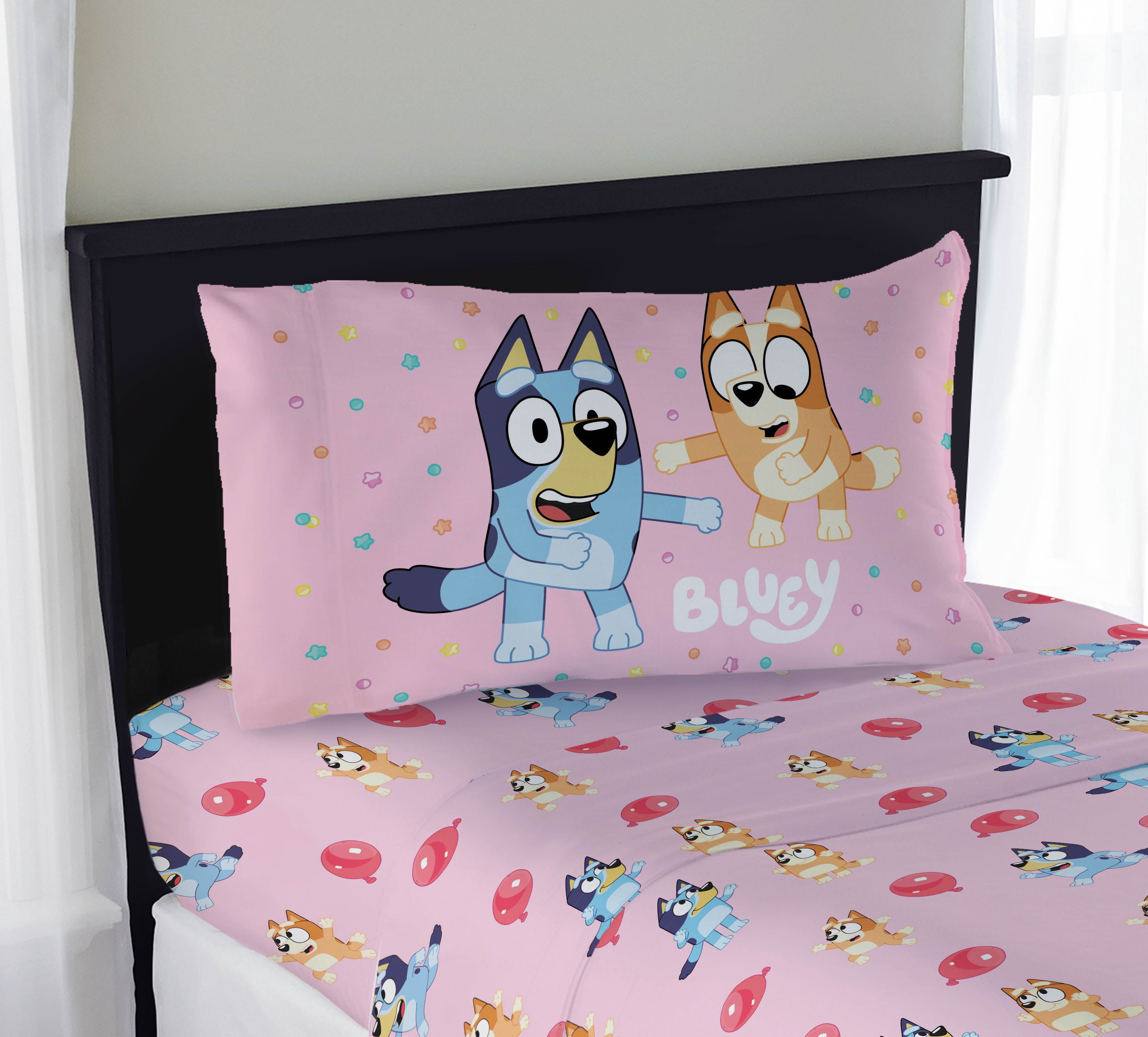 Bluey Balloon Party Kids 3 Piece Pink Bed Sheet Set, Twin