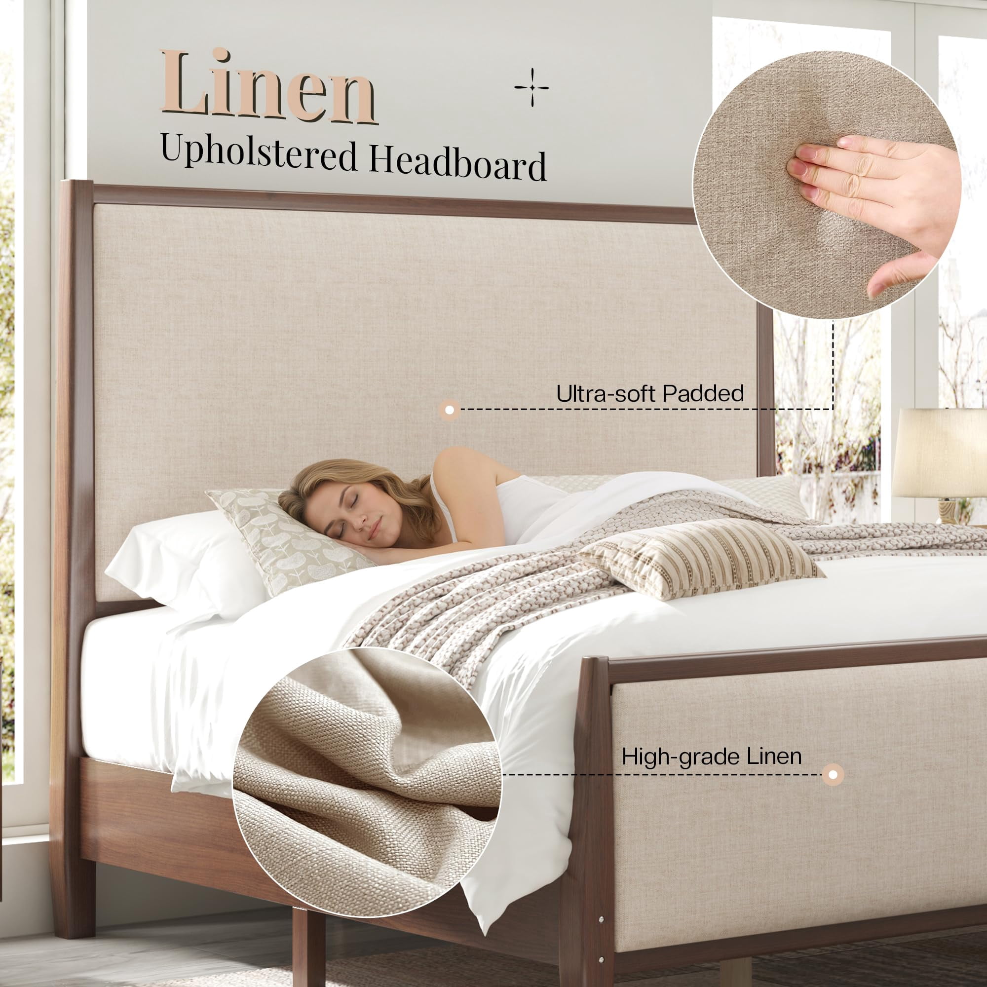 Amerlife 58" Tall Solid Wood California King Size Bed Frame with Upholstered Headboard & Footboard, No Box Spring Needed, Dark Walnut