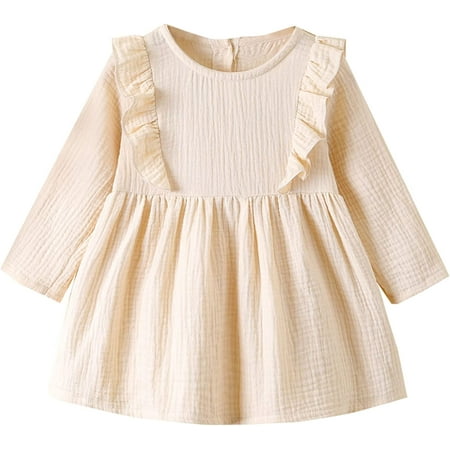 

PIKADINGNIS Toddler Baby Girls Cotton Linen Dress Solid Long Sleeve Ruffle A-line Dresses Casual Spring Fall Clothes