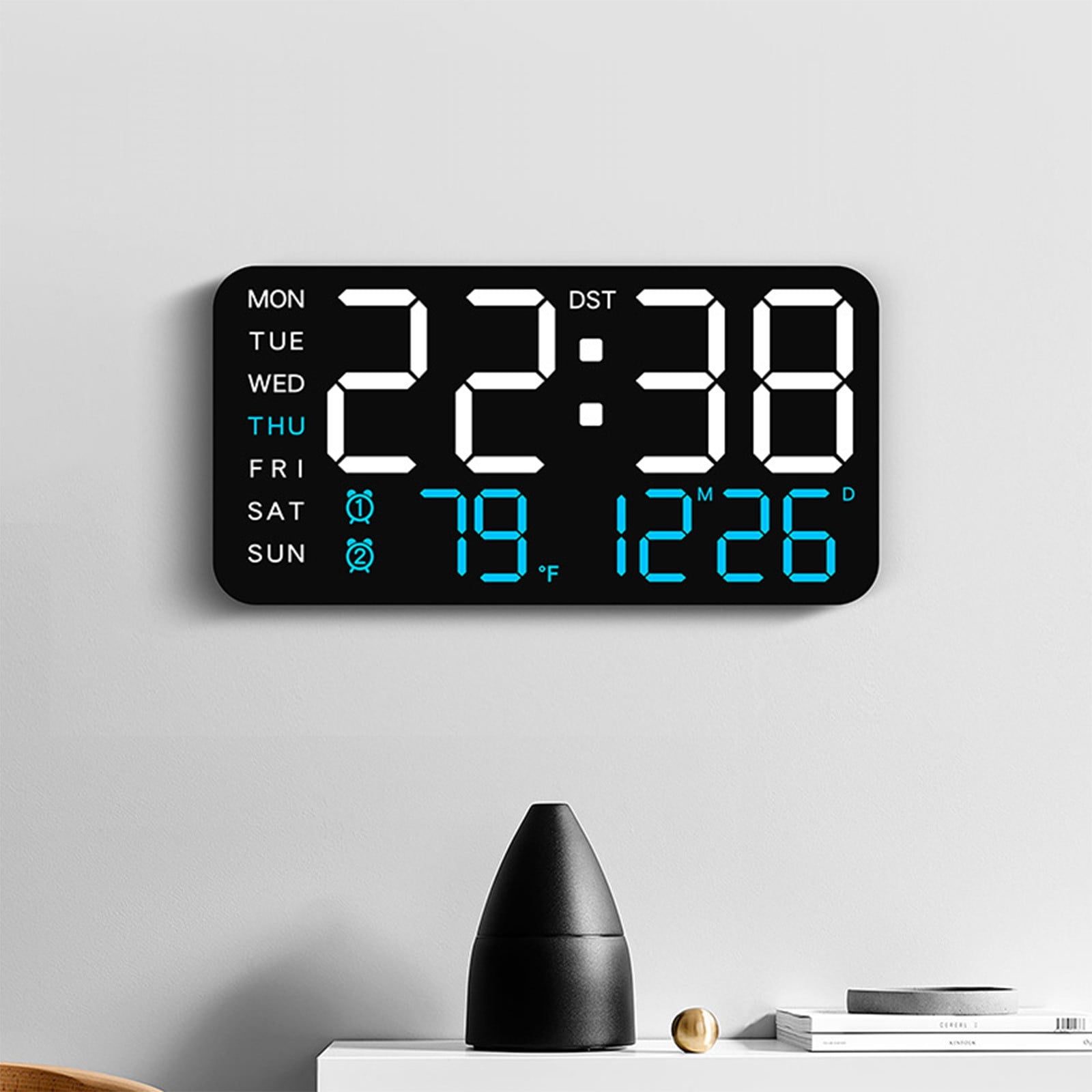 Digital Wall Clock Battery Operated, Desk Clocks with Temperature, Humidity and Date, Large Display Digital Calendar Alarm Clock for Living Room Classroom, Bedroom, Office, Auto DST