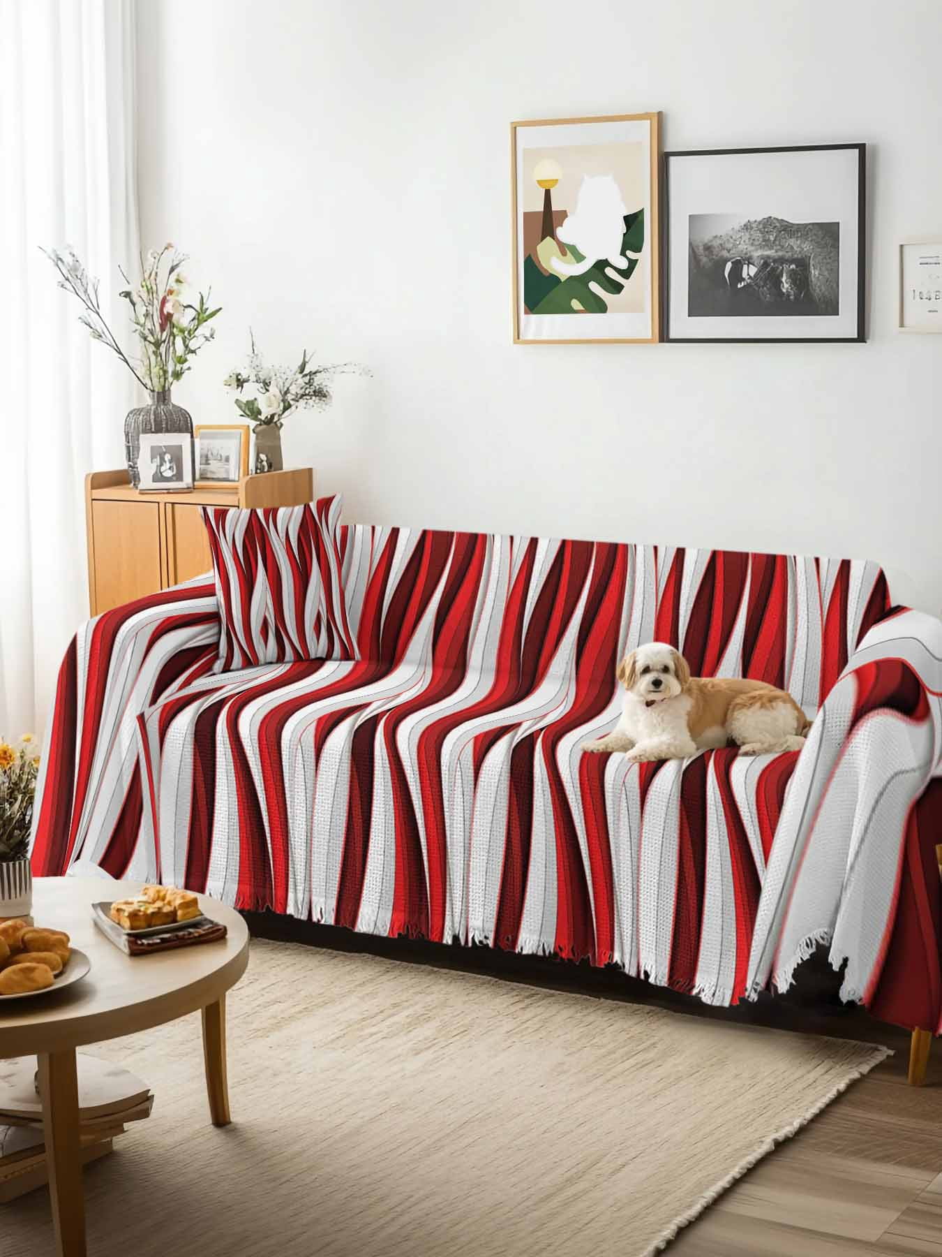 Red White Moire Couch Cover, Modern Abstract Art Oversized Sofa Cover Blanket for 3 Cushion Couch,Sectional Sofa Slipcover Furniture Protector for Living Room Bedroom 71''x150''