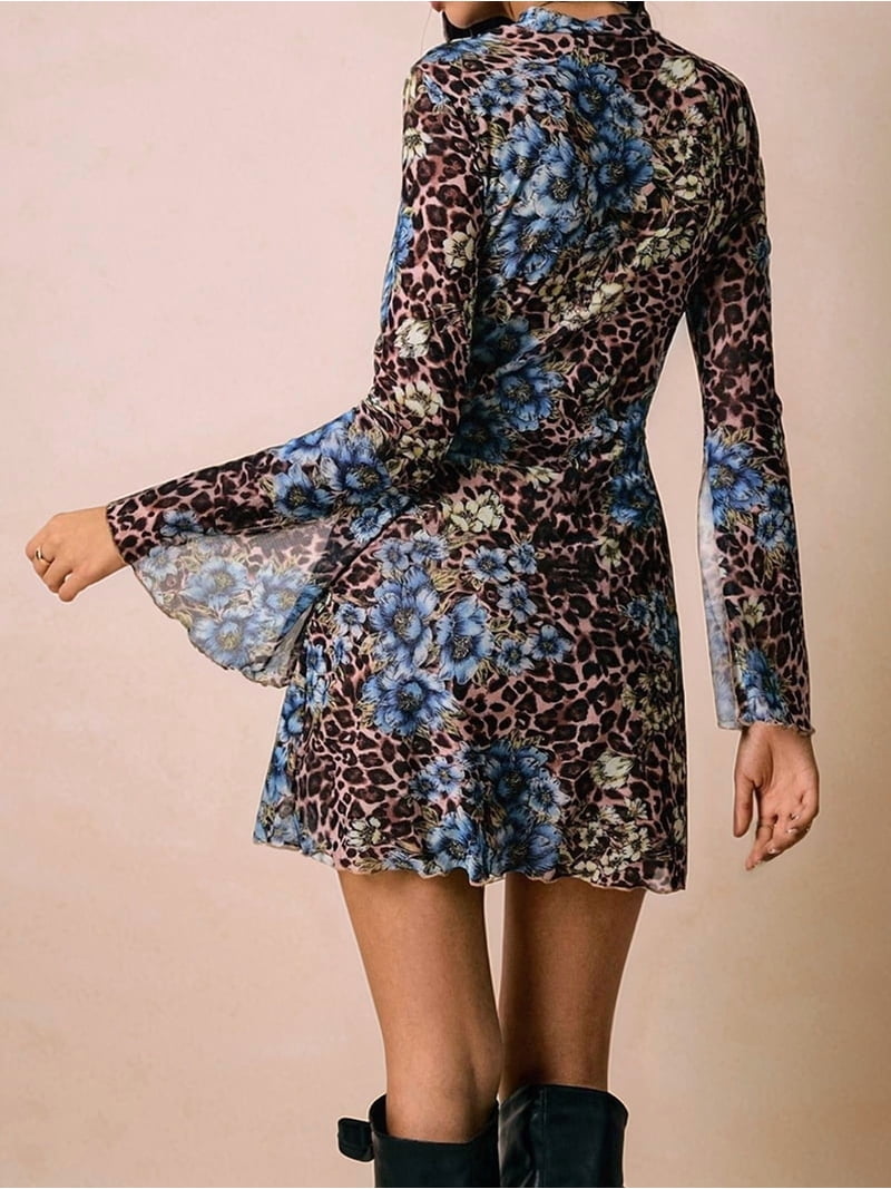Women'S Print Mini Dress Y2k Bell Long Sleeve Short Dresses Going Out Party Clubbing Outfits Flower Color XL
