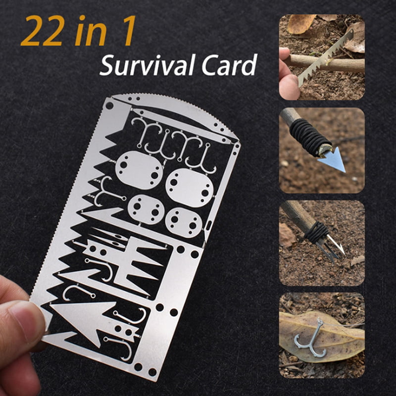 22 in 1 Wilderness Survival Card Fishhook Arrow Awl Needles Blades Multi-Tool BW