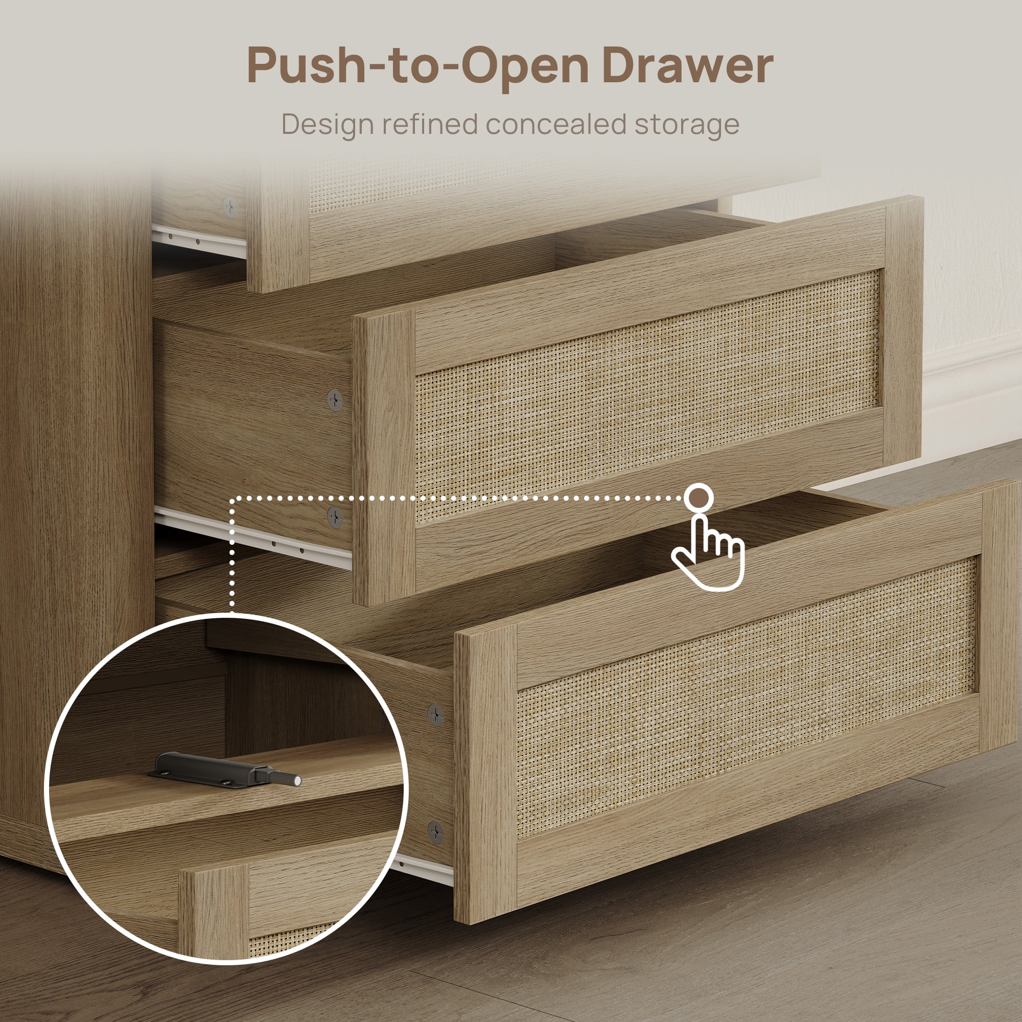 SICOTAS 26.77"W Boho 3-Drawer Nightstand, Curved Rattan Nightstand Dresser with Pop-up Drawers & Slide Rails, Farmhouse Bedside Table, End Side Table for Bedroom, Living Room, Natural Oak