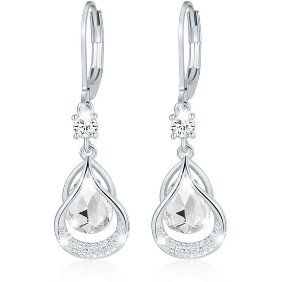 APSVO 18K White Gold Plated Drop Earrings for Women Girls Hypoallergenic S925 Sterling Silver April Birthstone Earrings with CZ Birthday Valentines Day Jewelry Gifts Teen Her Wife Adults Kids Ideas
