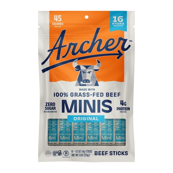 Archer Original Beef Mini Jerky Sticks, 4g Protein, Zero Sugar, 0.5 oz, 16 Count